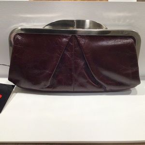 Hobo, brown, leather kiss lock clutch